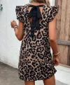 Kadın Kısa Kollu Kolları Fırfır Detay Arkası Bağlamalı Leopar Desen Kolsuz Mini Mikro Elbise