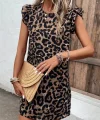 Kadın Kısa Kollu Kolları Fırfır Detay Arkası Bağlamalı Leopar Desen Kolsuz Mini Mikro Elbise