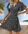 Kadın Kısa Kollu Kolu Ve Eteği Volanlı Fırfırlı çiçek Desenli Mini Elbise