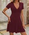 Kadın Kısa Kollu Kruvaze Yaka A Kesim Kalın Fitilli Kaşkorse Elbise