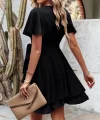Kadın Kısa Kollu Kruvaze Yaka Belden Kuşaklı Kısa Sandy Elbise