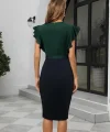 Kadın Kısa Kollu Kruvaze Yaka Beli Kuşaklı Blok Desenli Ithal Krep Elbise