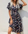 Kadın Kısa Kollu Kruvaze Yaka Beli Kuşaklı çiçek Baskılı Süprem Elbise