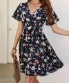 Kadın Kısa Kollu Kruvaze Yaka Beli Kuşaklı çiçek Baskılı Süprem Elbise
