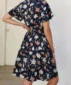 Kadın Kısa Kollu Kruvaze Yaka Beli Kuşaklı çiçek Baskılı Süprem Elbise