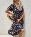 Kadın Kısa Kollu Kruvaze Yaka Beli Kuşaklı çiçek Baskılı Süprem Elbise