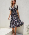 Kadın Kısa Kollu Kruvaze Yaka Beli Kuşaklı çiçek Baskılı Süprem Elbise