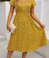 Kadın Kısa Kollu Kruvaze Yaka Beli Lastikli çiçek Desenli Elbise