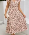 Kadın Kısa Kollu Kruvaze Yaka Beli Lastikli çiçek Desenli Elbise