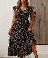 Kadın Kısa Kollu Kruvaze Yaka Beli Lastikli çiçek Desenli Elbise