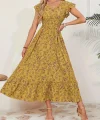 Kadın Kısa Kollu Kruvaze Yaka Beli Lastikli çiçek Desenli Elbise