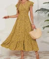 Kadın Kısa Kollu Kruvaze Yaka Beli Lastikli çiçek Desenli Elbise