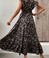 Kadın Kısa Kollu Kruvaze Yaka Beli Lastikli çiçek Desenli Elbise