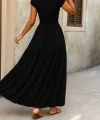 Kadın Kısa Kollu Kruvaze Yaka Beli Lastikli Süprem Maksi Boy Elbise