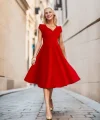 Kadın Kısa Kollu Kruvaze Yaka Eteği Volanlı Krep Elbise