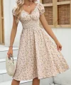 Kadın Kısa Kollu Kruvaze Yaka Lastikli Belden Gipeli çiçek Desenli Suprem Elbise