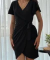 Kadın Kısa Kollu Kruvaze Yakalı Belden Bağlamalı Ithal Krep Elbise