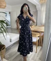 Kadın Kısa Kollu Kruvaze Yakalı Beli Lastikli çiçek Desenli Elbise