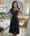 Kadın Kısa Kollu Kruvaze Yakalı Beli Lastikli çiçek Desenli Elbise