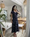Kadın Kısa Kollu Kruvaze Yakalı Beli Lastikli çiçek Desenli Elbise