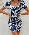 Kadın Kısa Kollu Kruvaze Yakalı çiçek Baskılı Süprem Elbise