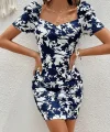 Kadın Kısa Kollu Kruvaze Yakalı çiçek Baskılı Süprem Elbise