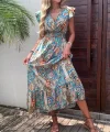 Kadın Kısa Kollu Kruvaze Yakalı Desenli Maxi Elbise