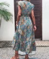 Kadın Kısa Kollu Kruvaze Yakalı Desenli Maxi Elbise