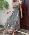 Kadın Kısa Kollu Kruvaze Yakalı Desenli Maxi Elbise