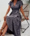 Kadın Kısa Kollu Kruvaze Yakalı Desenli Süprem Elbise