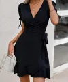Kadın Kısa Kollu Kruvaze Yakalı Yandan Bağlamalı Janjan Krep Elbise