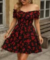 Kadın Kısa Kollu Madonna Yaka Beli Lastikli çiçek Desenli Kısa Süprem Elbise