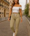 Kadın Kısa Kollu Madonna Yaka Viskon Crop Bluz Cepli Iki Iplik Eşofman Takım