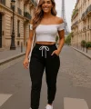 Kadın Kısa Kollu Madonna Yaka Viskon Crop Bluz Cepli Iki Iplik Eşofman Takım