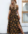 Kadın Kısa Kollu Madonna Yaka Yırtmaçlı çiçek Desenli Süprem Elbise