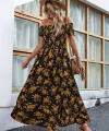 Kadın Kısa Kollu Madonna Yaka Yırtmaçlı çiçek Desenli Süprem Elbise