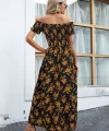 Kadın Kısa Kollu Madonna Yaka Yırtmaçlı çiçek Desenli Süprem Elbise