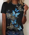 Kadın Kısa Kollu Mavi Sarı Kelebek Baskı Süprem Tshirt