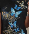 Kadın Kısa Kollu Mavi Sarı Kelebek Baskı Süprem Tshirt