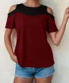 Kadın Kısa Kollu Omuzlardan Açık Detaylı çift Renkli Viskon Bluz