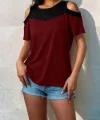 Kadın Kısa Kollu Omuzlardan Açık Detaylı çift Renkli Viskon Bluz