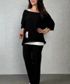Kadın Kısa Kollu Omuzlardan Açık Yarasa Kollu Bürümcük Bluz Ve Pantolon Ve Viskon Atlet
