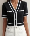 Kadın Kısa Kollu önden Düğmeli Triko Bluz