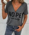 Kadın Kısa Kollu önden Fermuarlı Yazı Baskılı Viskon Bluz