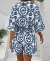 Kadın Kısa Kollu önü Düğmeli Etnik Desen Sofia Kumaş şort Tulum