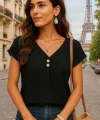 Kadın Kısa Kollu önü Düğmeli V Yaka Aerobin Bluz