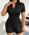 Kadın Kısa Kollu önü Fermuarlı Bodycon Dalgıç Tulum