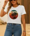 Kadın Kısa Kollu Palmiye Baskılı Viskon T-shirt