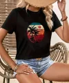 Kadın Kısa Kollu Palmiye Baskılı Viskon Tshirt