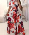 Kadın Kısa Kollu Pencere Detay Gül Baskılı Tam Boy Kiloş Elbise